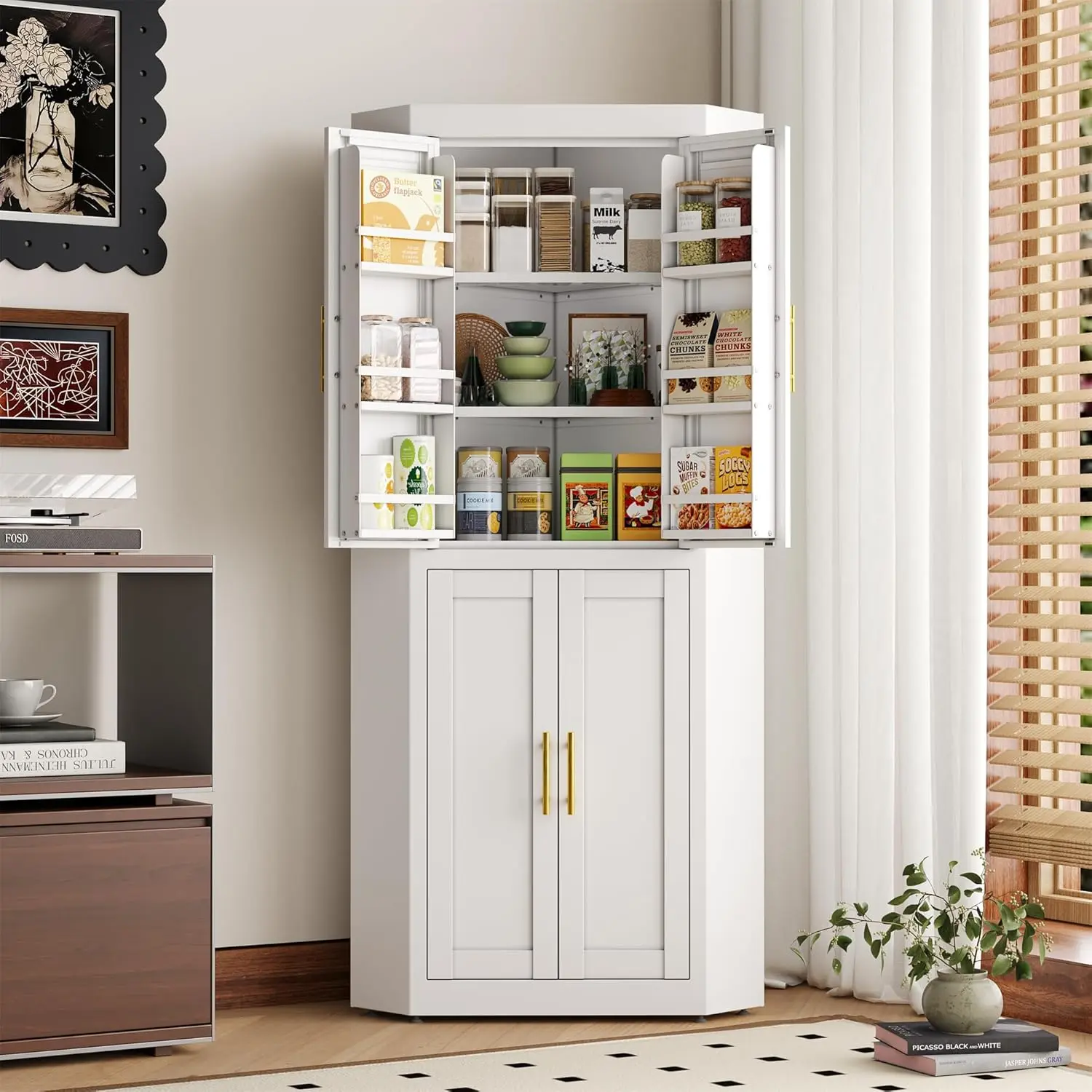 Farmhouse Corner Cabinet, Tall Corner Pantry Storage Cabinet with Refrigerator Door Design & Adjustable Shelves,Storage Cabinets for Laundry Room, Bathroom, Kitchen,Bedroom
