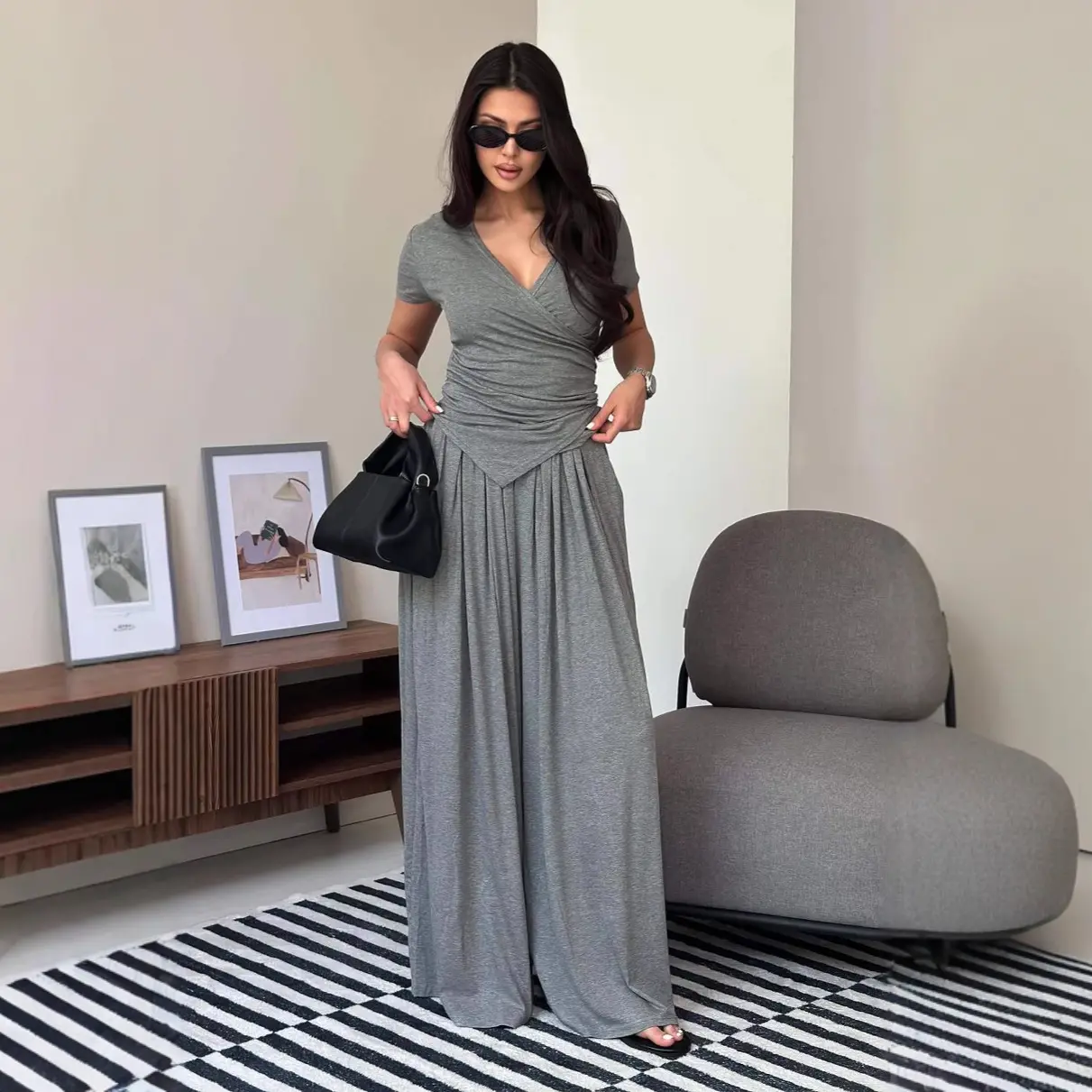 LikeMychoice Women's 2 Piece Outfit V Neck Wrap Top & High Waist Wide Leg Pants Set in Heather Grey Breathable Women's Casual Set