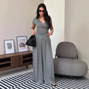 LikeMychoice Women's 2 Piece Outfit V Neck Wrap Top & High Waist Wide Leg Pants Set in Heather Grey Breathable Women's Casual Set