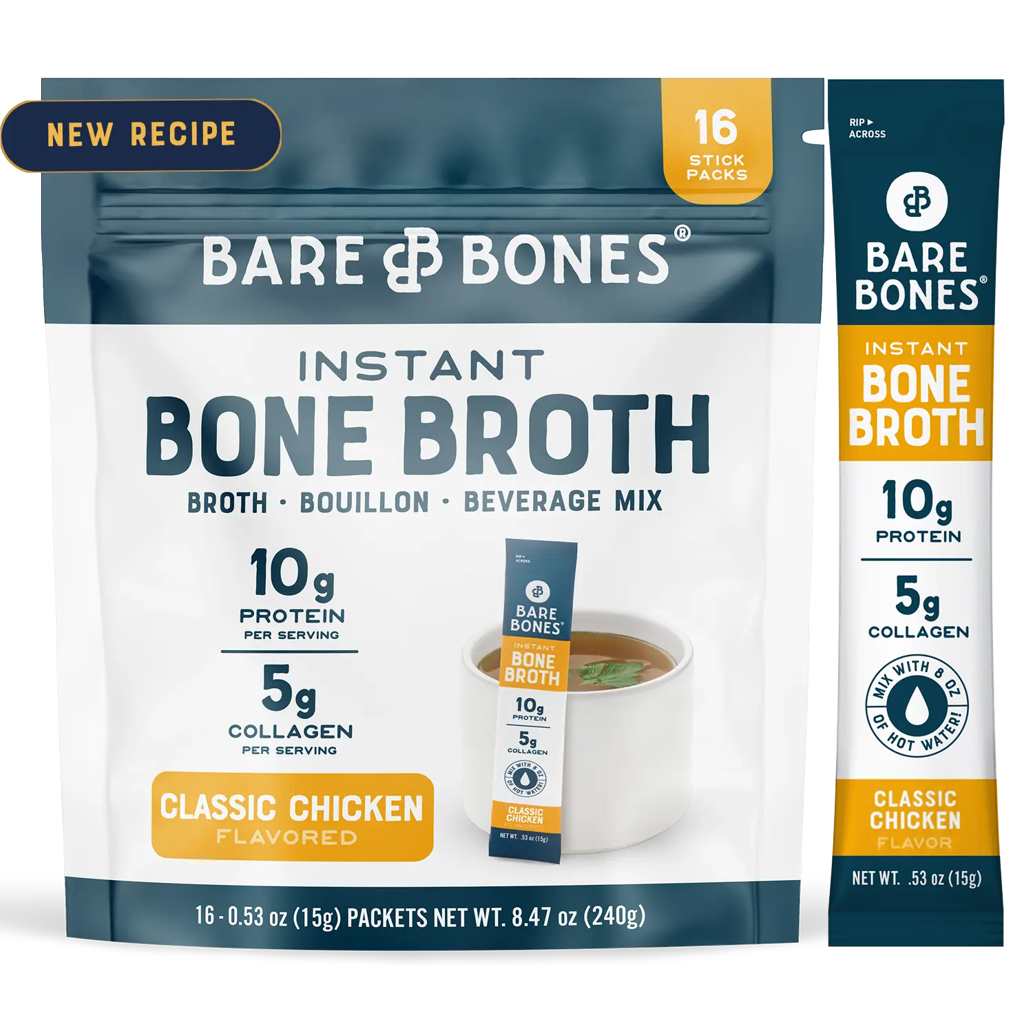 Bare Bones Instant Bone Broth | 10g Protein & 5g Collagen | Gut Health & Protein Boost | Keto, Paleo, Intermittent Fasting Friendly | 16 Stick Packs - Collagen