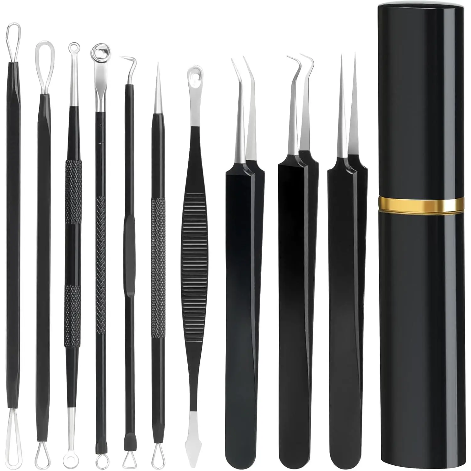 10-Piece Blackhead Remover Tool Set, Professional Pimple Popper & Comedone Extractor for Facial Acne & Blemish Removal, Unisex Adult Skincare Tools in Metal Case, None, Acne Removal, Extract Blemishes, Metal Tools