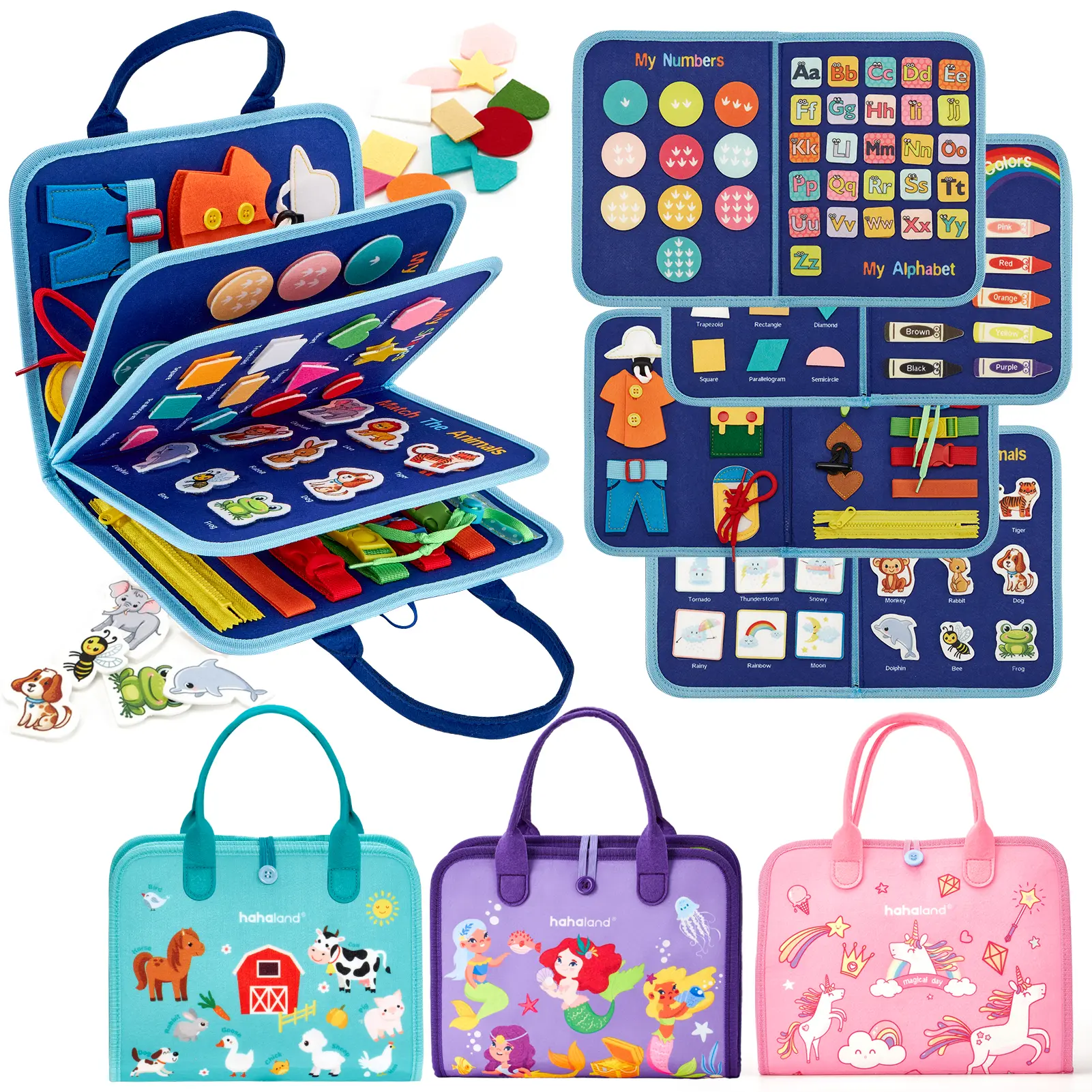 hahaland Preschool Busy Board - Felt Unisex Montessori Sensory Toy, Toddler Learning Activities Travel Book for Fine Motor Skills, Advanced Learner Educational Kit, Toddler Gift Toy for 1 2 3 Years Old