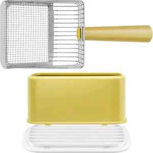 Cat Litter Box with Stand, Metal Fast Sieve Cat Litter Scoop, Stainless Steel Wooden Handle Cat Litter Scoop