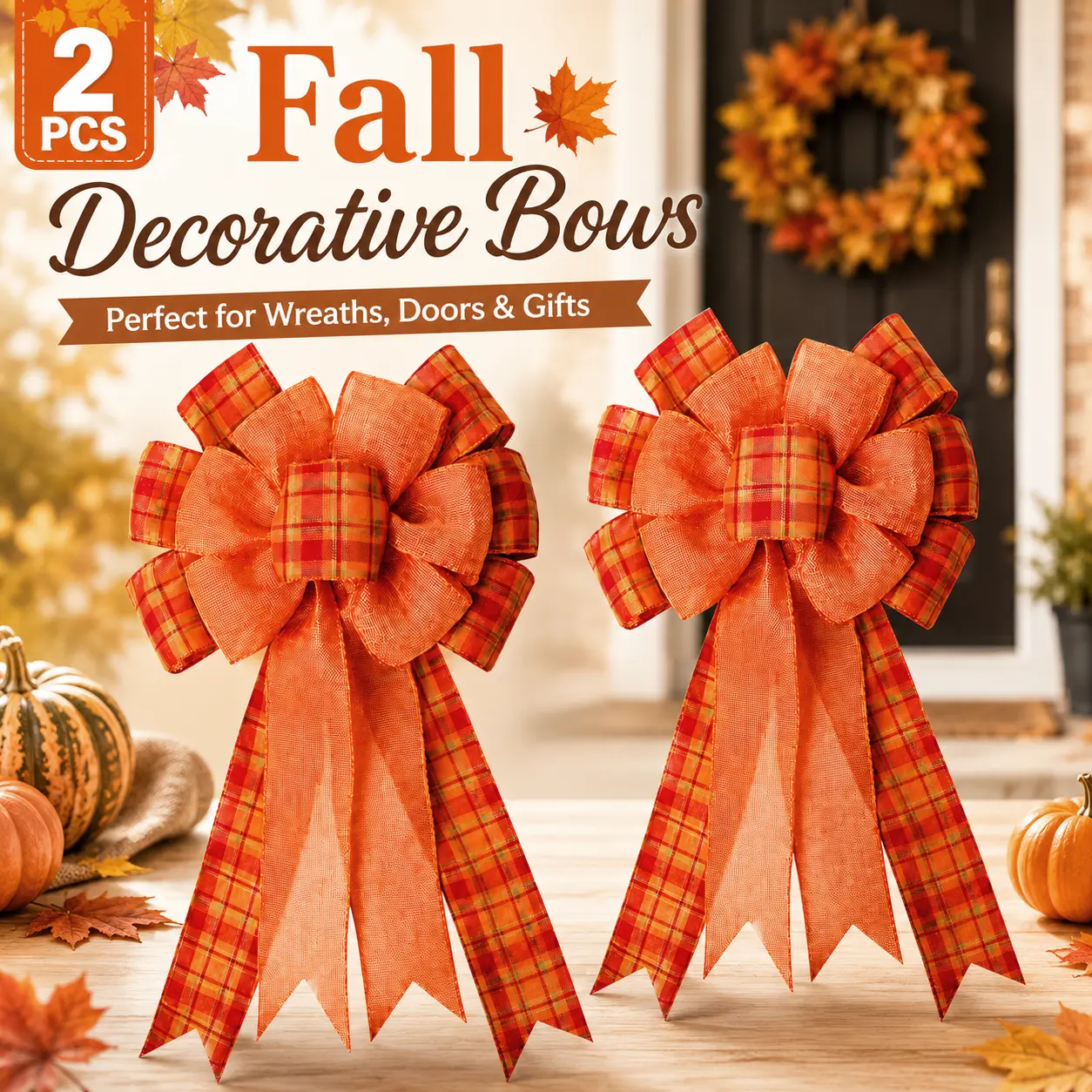 2-Piece Orange Buffalo Plaid Burlap Fall Bow Set, 9.84*18.9in Wreath Bows, Halloween Tree Topper, Thanksgiving Front Door Outdoor Decoration