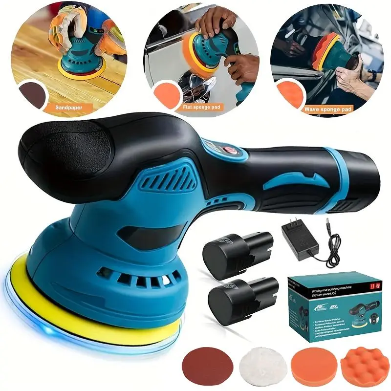 6-Inch Orbital Car Buffer Polisher Waxer Kit, 6-in-1 Cordless Automotive Polishing Tools with 8-Speeds (5500 RPM), 2 Dual Batteries, Portable Hand Tool Set for Scratch Rem. & Car Detailing