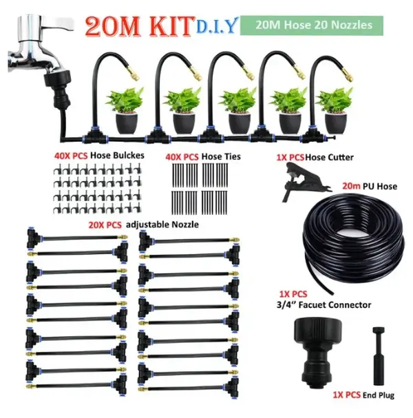 Adjustable Water Sprinkler Automatic Watering Kit - 5M/10M/20M Flexible Hose-Powered Portable Spray Set with 20cm Rotating Copper Nozzle for Balcony, Rainforest Irrigation, Faucet Connector, 20 Cable Ties