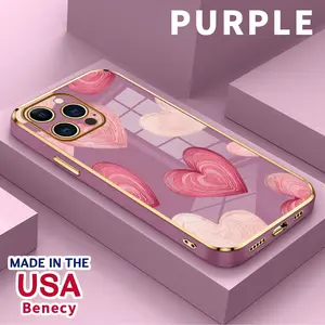 Soft Phone Case for iPhone 17 15 Pro Max 16 14 Plus Air 13 12 11 Hearts in Soft Hues Luxury Golden Edge Electroplating TPU Full Camera Lens Protection Phone Cover Smartphone Cellphone Casing