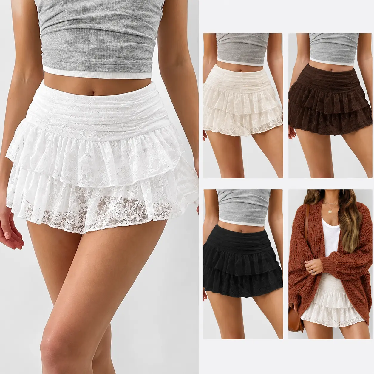FEITAI Women's Low-Rise Ruffled Lace Short Skirt - 2000s Vintage Dollette Aesthetic Flowy Bottoms, Chic Beach Club Wear for Women