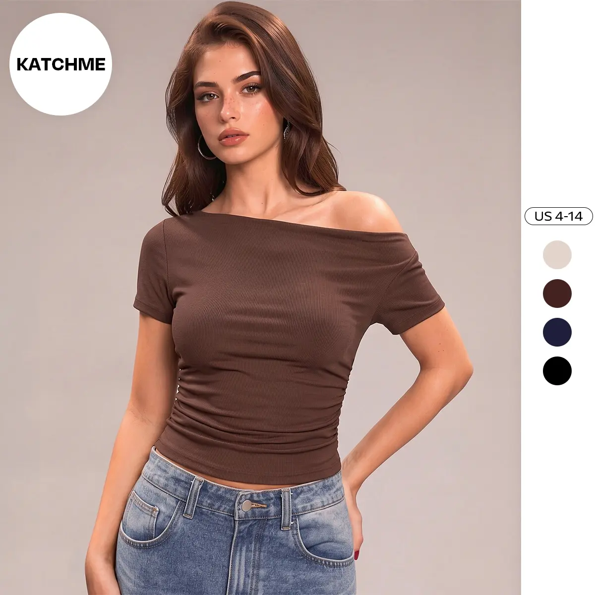 Katch Me Chic Women's Casual Solid Color Sloping Shoulder Shirred Short Sleeve Top, Lady Flattering Top for Daily Wear, Basic Anti-Pilling T-Shirt, Elegant Womenswear