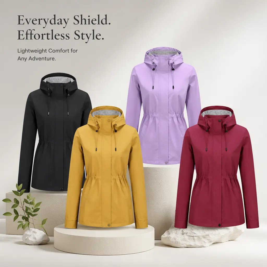 Women's Casual Waterproof Rain Jacket with Windblock Hood, Plain Long Sleeve Windbreaker for Lady Everyday Outdoor Activities, Rain Coat, Stylish