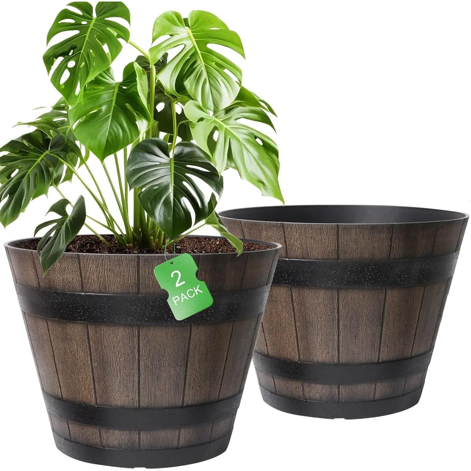 2-Pack 22.25-Inch Large Polymer Barrel-Shaped Ornamental Plant Pots, Whiskey Wine Barrel Design Plastic Planters for Indoor Flower Pots, Outdoor Garden, Patio, Barrel-Shaped Flower Pots