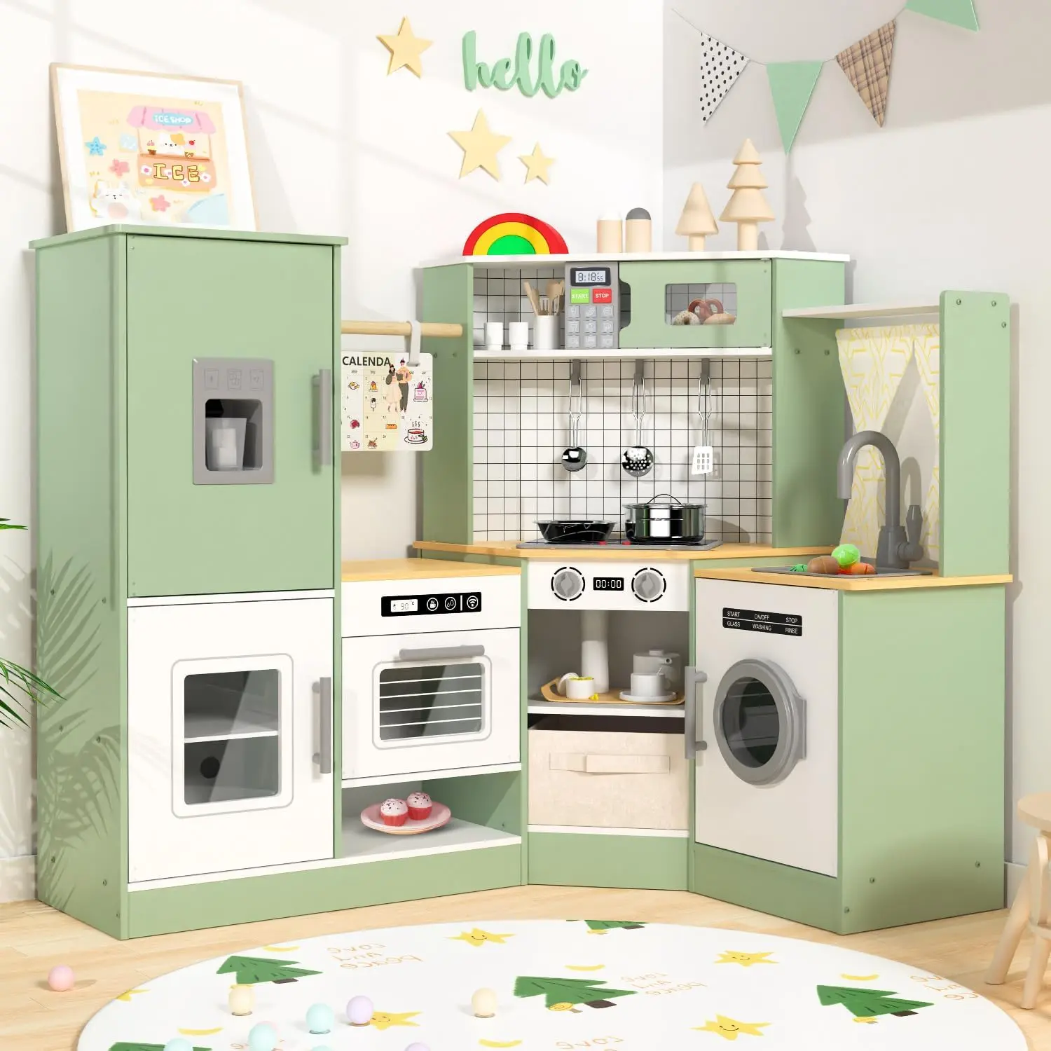 BIERUM Unisex Sturdy Wooden Pretend Play Kitchen Set for 3-4 Years Toddlers - 31.5"x42.1"x37", 33 Accessories, LED Lights, Interactive Sounds, Stove, Microwave, Ice Maker, Simple Assembly, Smooth Non-Toxic Finish, Decorative Curtains, Teamwork