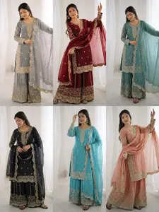 Elegant Fendy Silk Palazzo Suit Set with Embroidery Sequence Work & Lace Border Dupatta