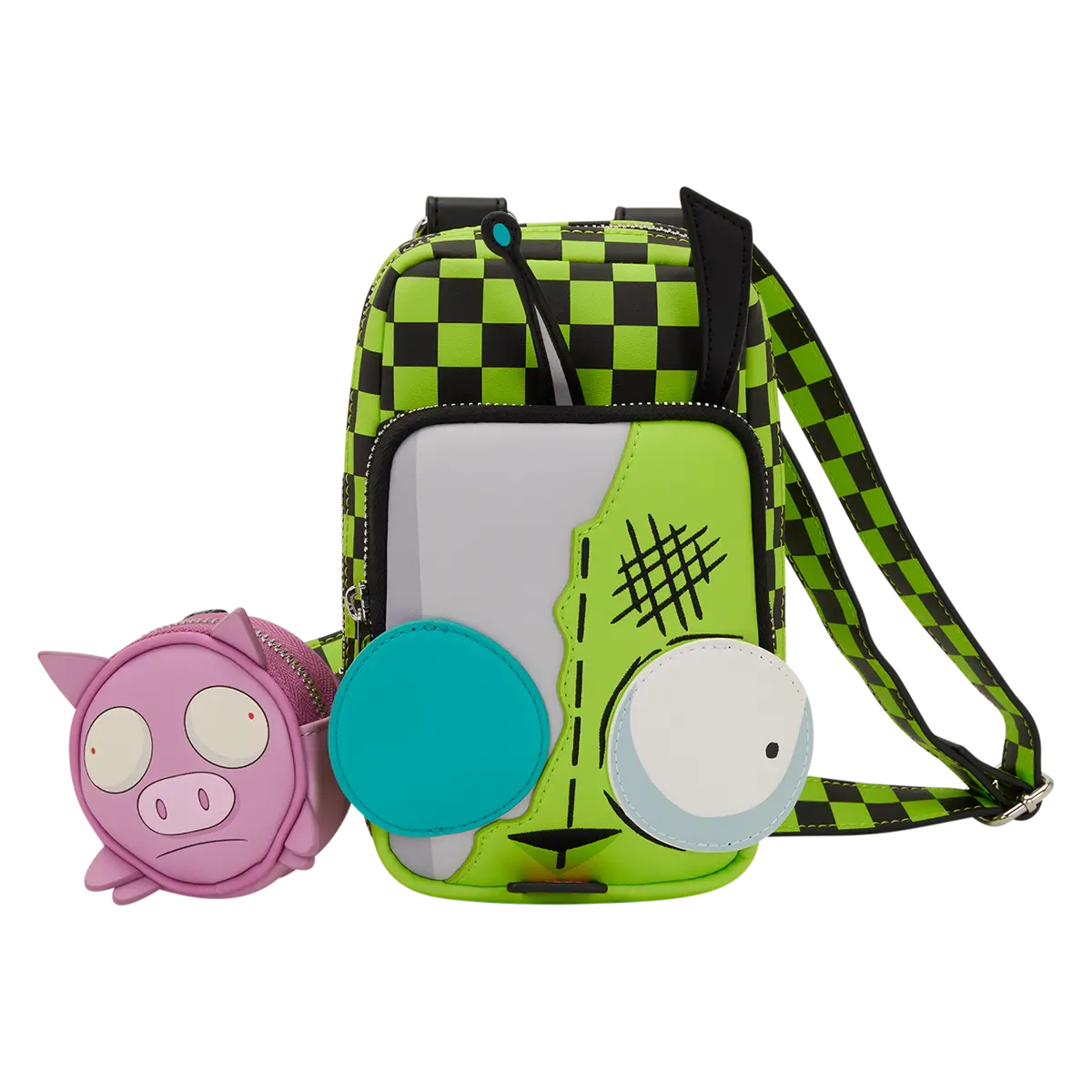 Loungefly Invader Zim GIR Checkered Polyurethane Cellphone Crossbody Bag with Adjustable Strap and Detachable Pig Coin Pouch, Gir-Themed, Casual Crossbody, One Size