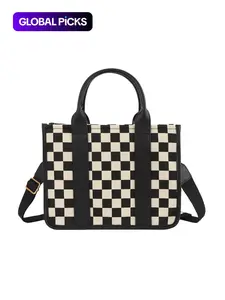 Checkerboard Pattern Tote Bag, Fashionable Canvas Classic Shoulder Bag for Women, Casual Trendy Versatile High-quality Daily Commuting Bag, Girl Fashionable Shopping Bag