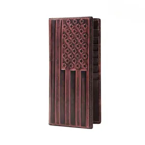 Genuine Leather RFID Blocking Brown/Black Flag Pattern Embossed Long Wallet with Card Slots, Vintage Western Cowboy, Retro