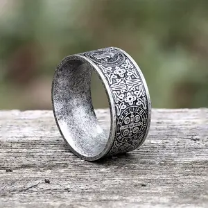 GTHIC St. Benedict Medal Stainless Steel Cross Ring for Men Women Daily Wear Fashion Jewelry
