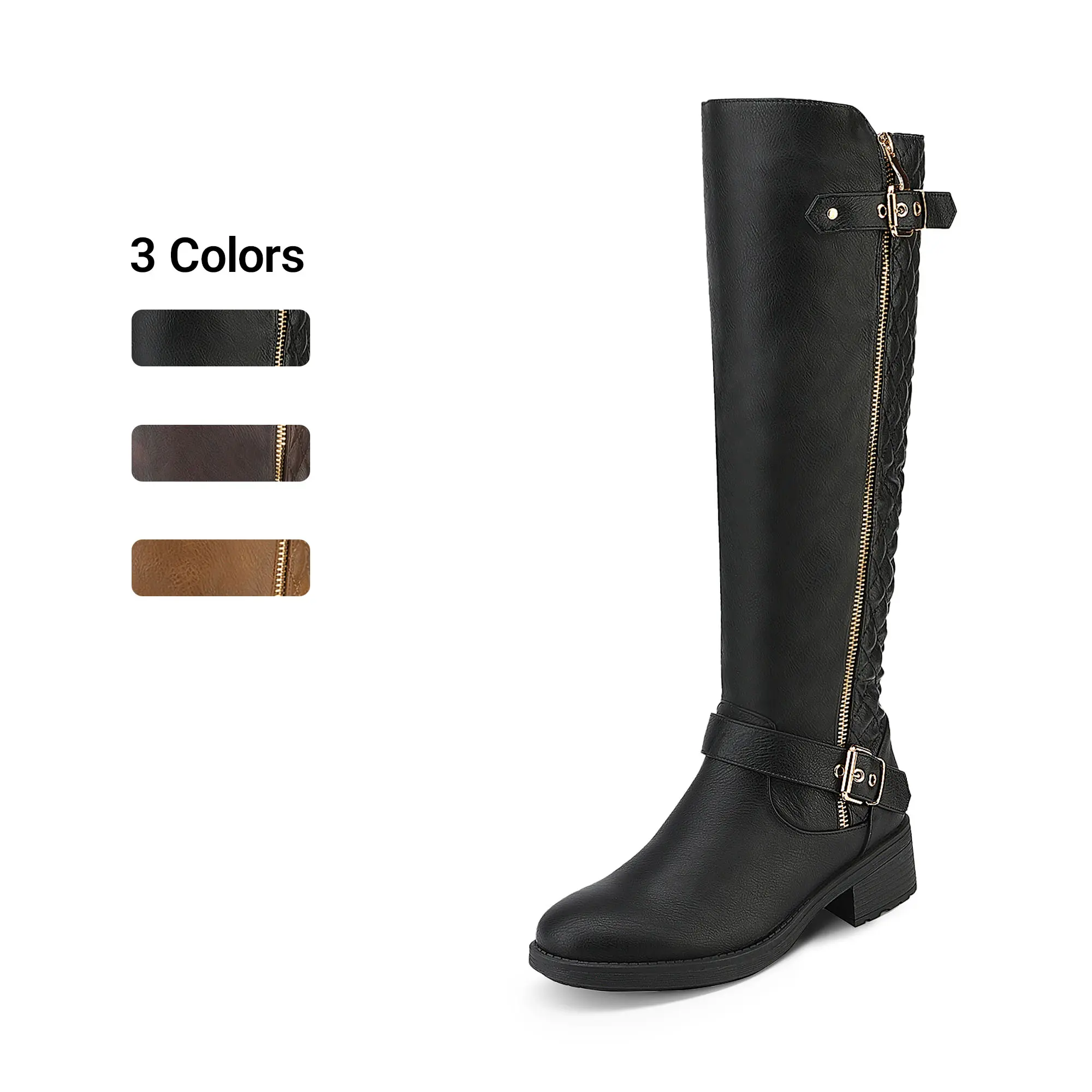 Dream Pairs Women's Low Heel (1-3 cm) Fashion Boots - Knee-High Riding Style, Quilted, Faux Fur Lined, Black Regular Calf, Wide Calf Fit, Instep Zip, Buckle Strap, Platform, TPR Rubber Sole Winter Footwear for Back to School