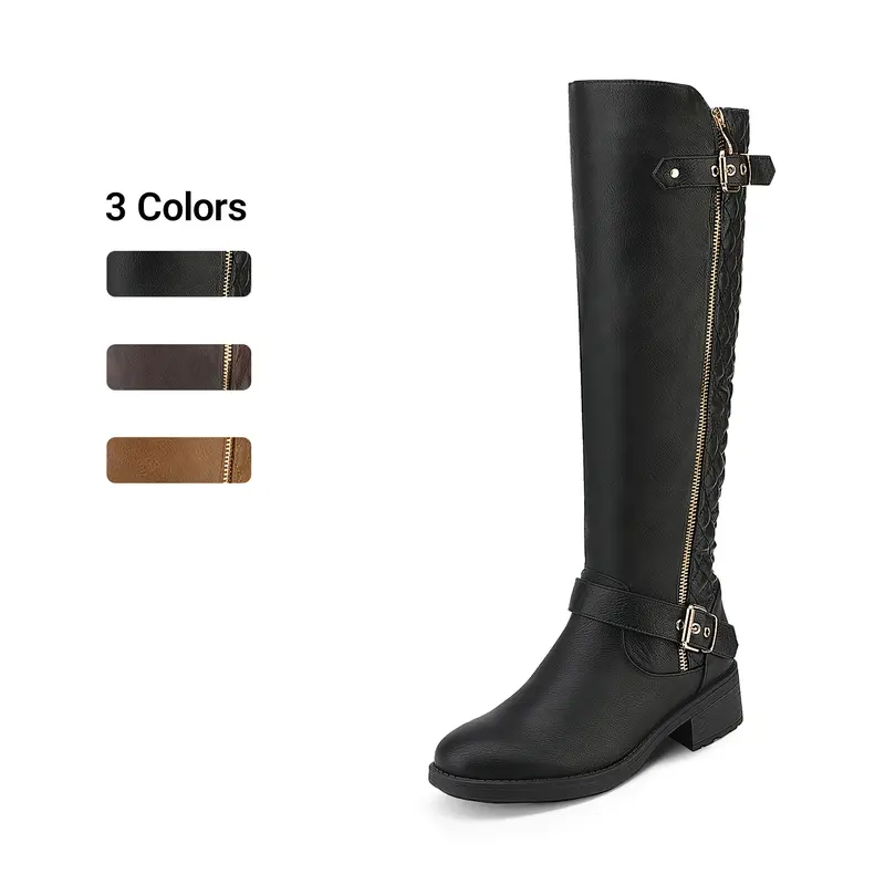 Dream Pairs Women's Low Heel (1-3 cm) Fashion Boots - Knee-High Riding Style, Quilted, Faux Fur Lined, Black Regular Calf, Wide Calf Fit, Instep Zip, Buckle Strap, Platform, TPR Rubber Sole Winter Footwear for Back to School,outdoorfun