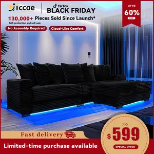 [New Year Special Discount]  Niccae 110" Corduroy Tufted L-Shaped Sleeper Sectional Sofa with LED Base, Adjustable Footrests & 8 Pillows for Small Apartments, Living Rooms & Bedrooms