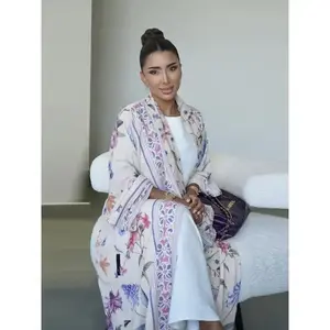 Muslim Women’s Abaya Set with Hijab, Elegant Simple Floral Print Long Robe Jacket, Casual Party Beachwear, All-Season Wear