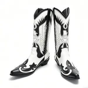 Zotixvox Embroidered Pointed Toe Mid-Calf PU Leather Slip-On Shoe - Black, White - All-Seasons Casual Wear, Comfortable Durable （Handmade shoes, slight flaws may exist,please order cautiously.）