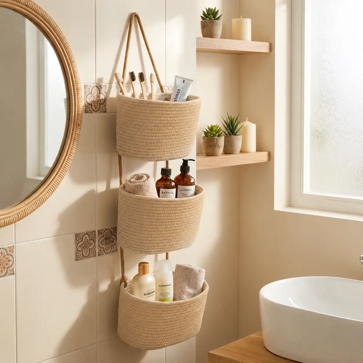 3-Tier Bohemian Neutral Tone Woven Rope Wall-Mounted Hanging Baskets - Space-Saving Vertical Storage Rack Organizer for Bathroom, Nursery, Kitchen - Stows Towels, Utensils