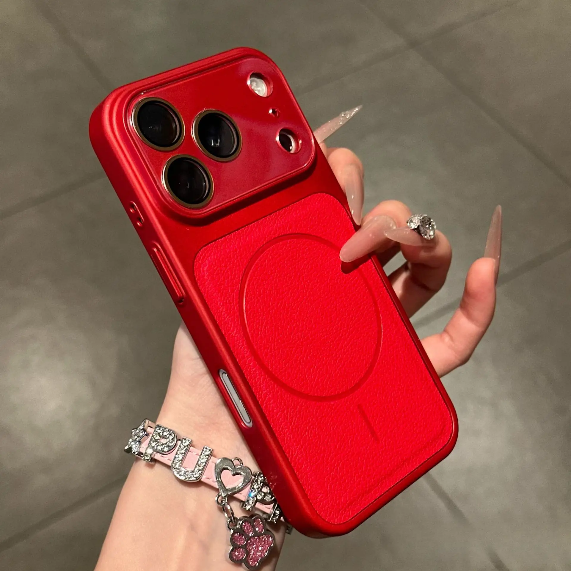 Luxury Lychee Texture Magnetic Smartphone Case - Premium Red Nordic Customized Casing for iPhone 13-17 Models, Handheld Cellphone Protection Accessory with Magnetic Fit for Men