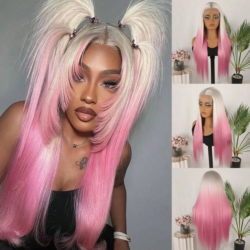 White Ombre Pink 13X4 Synthetic Lace Front Wigs Glueless Muted Mauve Pink Long Straight Hair 28 Inch Natural Hair Line Heat Resistant Fibe Soft Natural Hair Line Daily Party Use Lace Frontal Wig