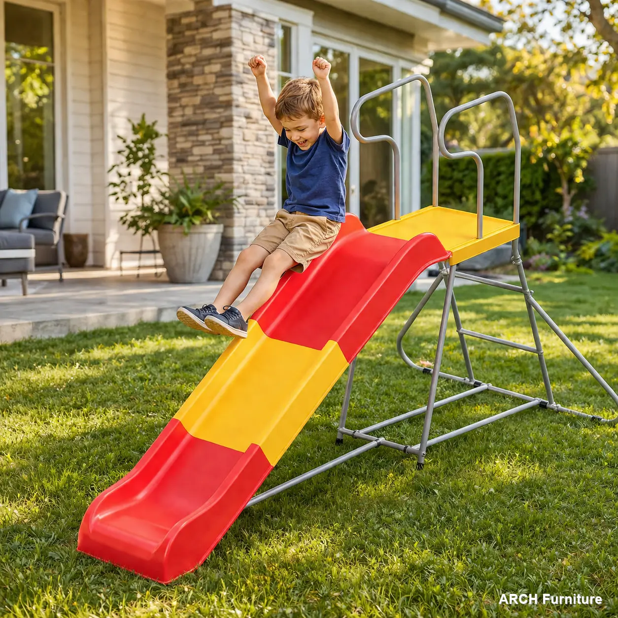 ARCH 2-in-1 Kids Climbing Slide Playground Equipment - Durable Steel Construction, 3-8 Years Age Group, 76.4-in Smooth Slide Track, Anti-Slip Steps, Easy Assembly, Indoor & Outdoor Use
