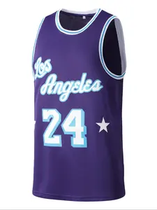 Men's 24 Purple Embroidered Basketball Sports Jersey, Casual Short Sleeve Vest, Summer Fitted Long Clothing, Figure Pattern, Kint Fabric, Embroidery Basketball Jersey, Sports Tops