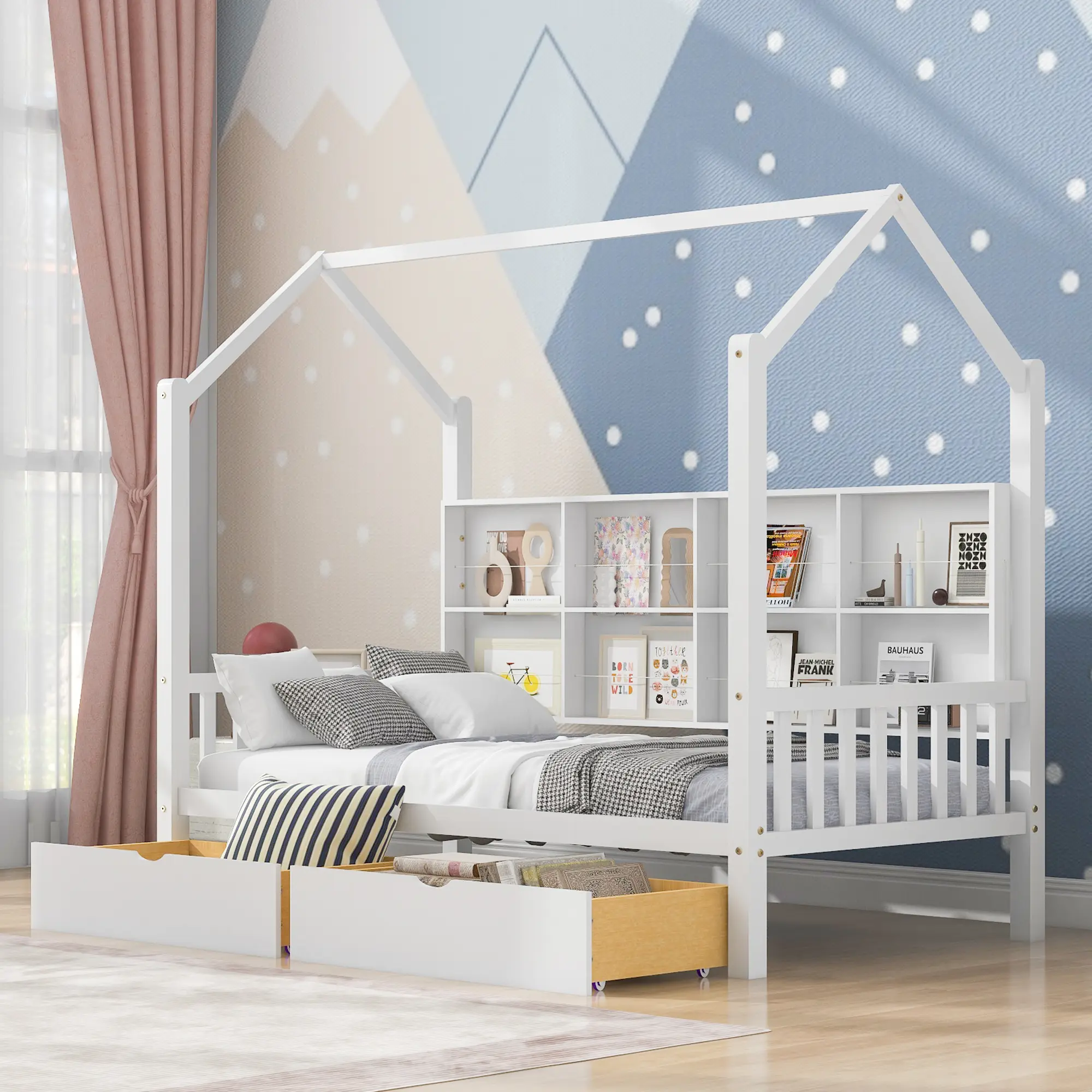 Twin Size White Kids’ Modern Wood Playhouse Bed - Pine Wood, Neutral Finish, Slats, 2 Drawers, Storage Shelf, 77.5"l x 42.1"w x 68.1"h, Indoor Furniture, Assembly Required, Better Sleep Support, Double Design