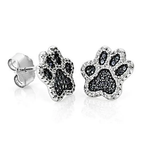 Jtv Paw Print Stud Earrings in Rhodium-Plated 925 Sterling Silver with Black Spinel and White Zircon, 0.64ctw, 925 Earrings
