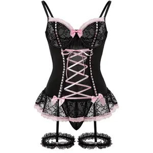 Sexy Mesh Corset Ruffle Lace Up Underwire Sheer Garter Belt Babydoll Lingerie Set With Thong 3 Piece Women