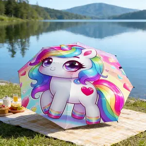 Portable folding umbrella The umbrella features a unicorn with rainbow mane and tail, large sparkling eyes, and heart motifs. Character names are not discernible. Suitable for daily travel use, holiday Gift Lightweight Umbrella Portable Foldable Umbrella