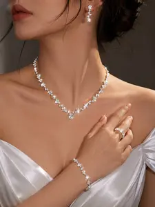 Sparkling Bridal Jewelry Set for Wedding — Rhinestone Necklace, Earrings, Bracelet, and Ring (Ideal for Proms & Parties) — Women's Jewelry Set