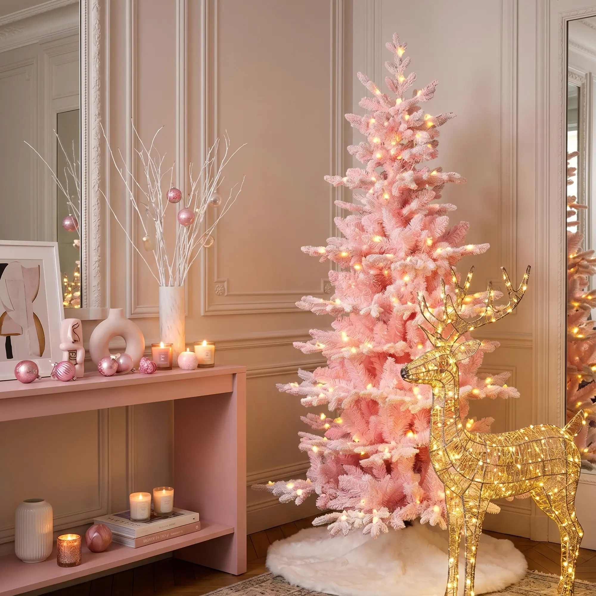 Glitzhome 6ft/7.5ft Pink/White Deluxe Pre-Lit Flocked Slim Fir Artificial Christmas Tree with Warm White /Multi-color Lights, 9 Function with Foot Pedal