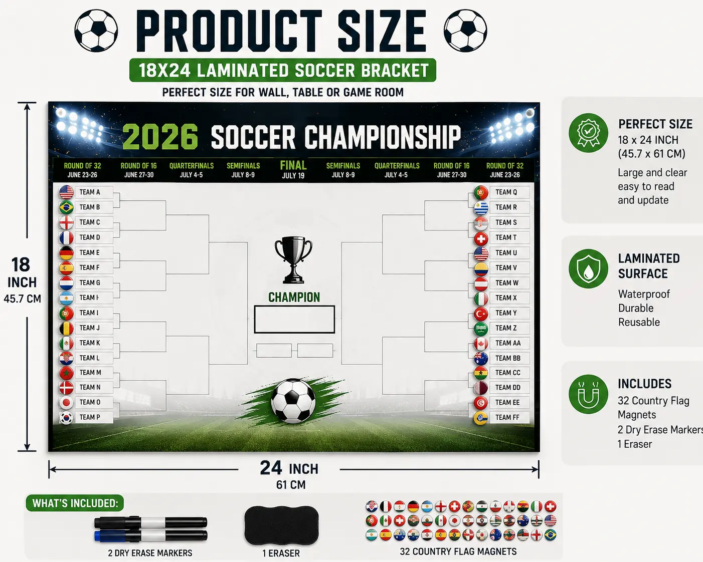 18x24 in (45.7x61 cm) Reusable Dry Erase Soccer Tournament Bracket Poster - Magnetic Flags, Easy-to-Update Game Board for Soccer Fans, Parties, Family Nights, Office Pools, Kids & Parents with Dry Erase Surface, 45.7 X 61 Cm, Game Tracking
