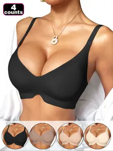 Women's Seamless Fitted Nylon Bra, Comfortable Breathable Wireless Medium Support, Daily Wear Sleepwear T-Shirt Bra, Ladies Lingerie Underwear Womenswear 4pcs
