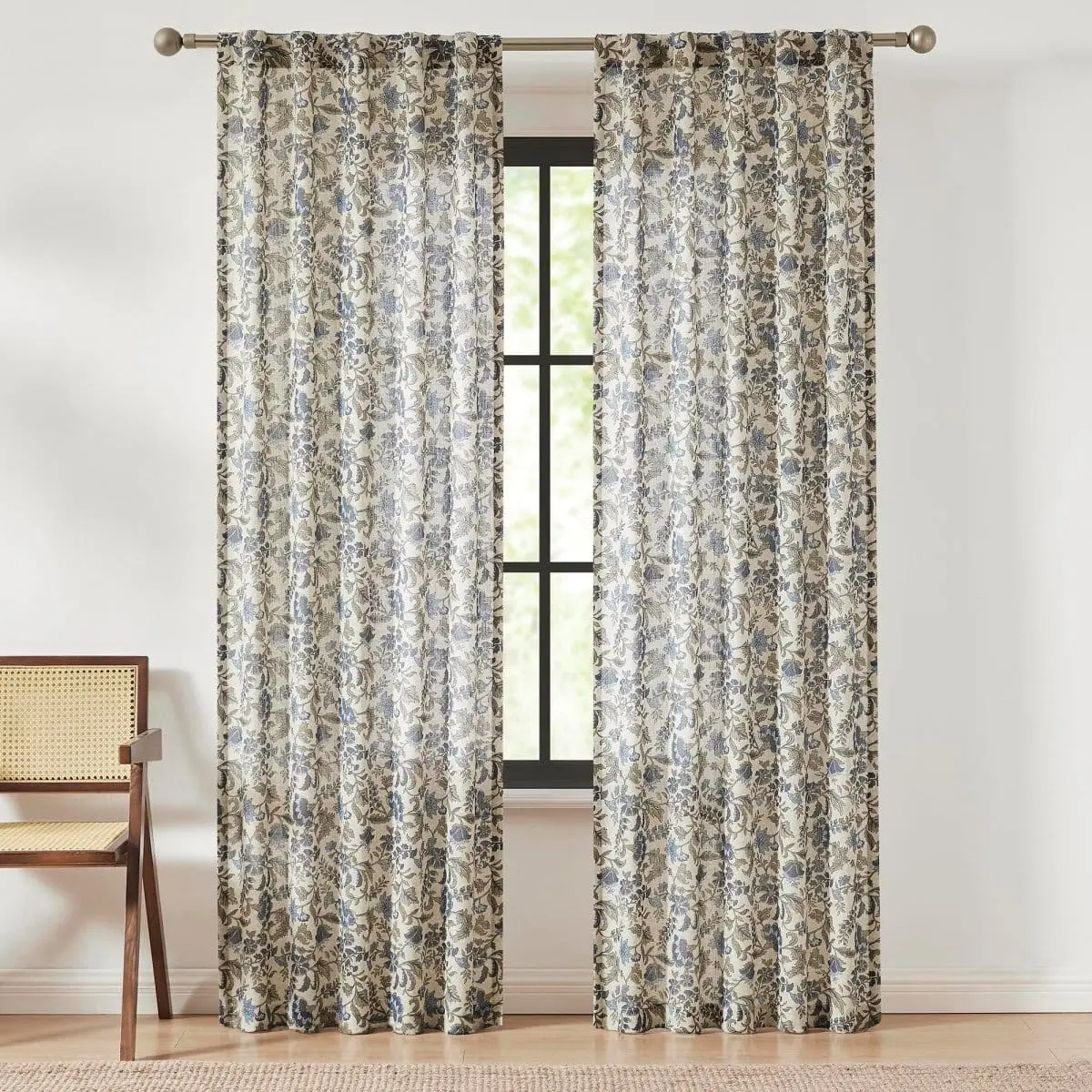 Lush Decor Lillian Block Print Linen Textured Window Curtain Panels with Leaf Embroidery Pair 37x84 inches OEKO-TEX Certified