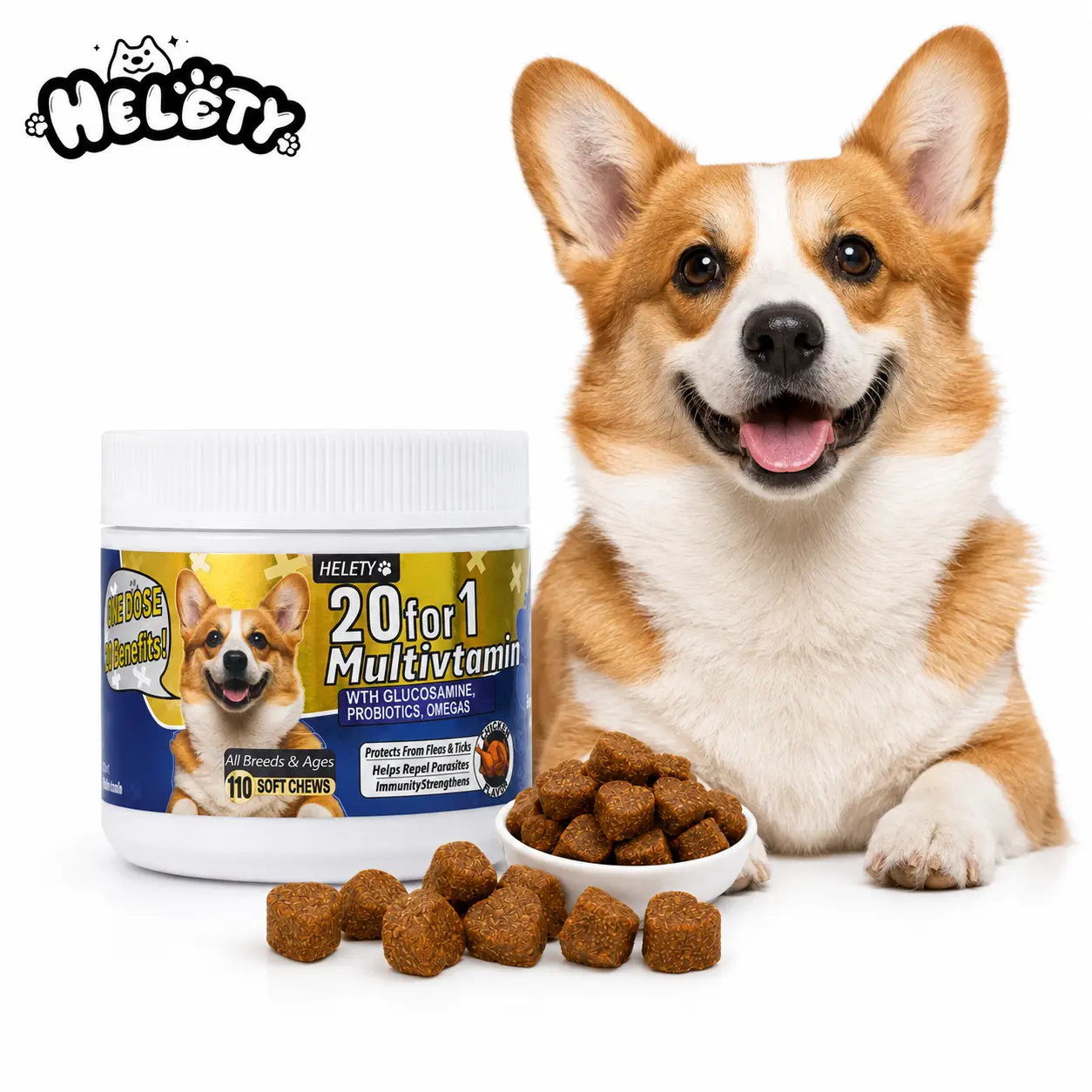 Helety 20-in-1  Multivitamin Soft Chews - 110 Ct, Chicken Flavor, with Glucosamine, Probiotics, Omegas for Joint, Gut, Skin & Coat Support, All  Breeds & Ages itchy tick pumpkin pet honesty mobility Natural Dog Hip and Joint Supplement Health Small cat