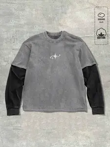 Men's Spring Autumn Casual Patchwork Graphic Long Sleeve Sweatshirt, Streetwear Vintage Style, Cotton Fabric, Fitted Crop Top, Outdoor & Daily Wear, Apparel, Menswear