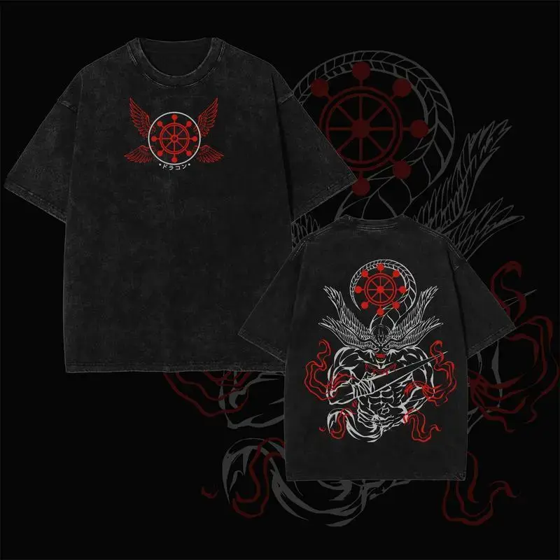 Men's Oversized Baggy JJK Mahoraga Acid Wash Heavyweight Cotton Streetwear Short-Sleeve T-Shirt - Gojo Satoru Anime Graphic, Ribbed Round Neck, Fake Drawstring, Soft Fabric, Japanese Top for JJK Fans, Gojo Satoru Anime Graphic Men's Short-Sleeve T-Shirts