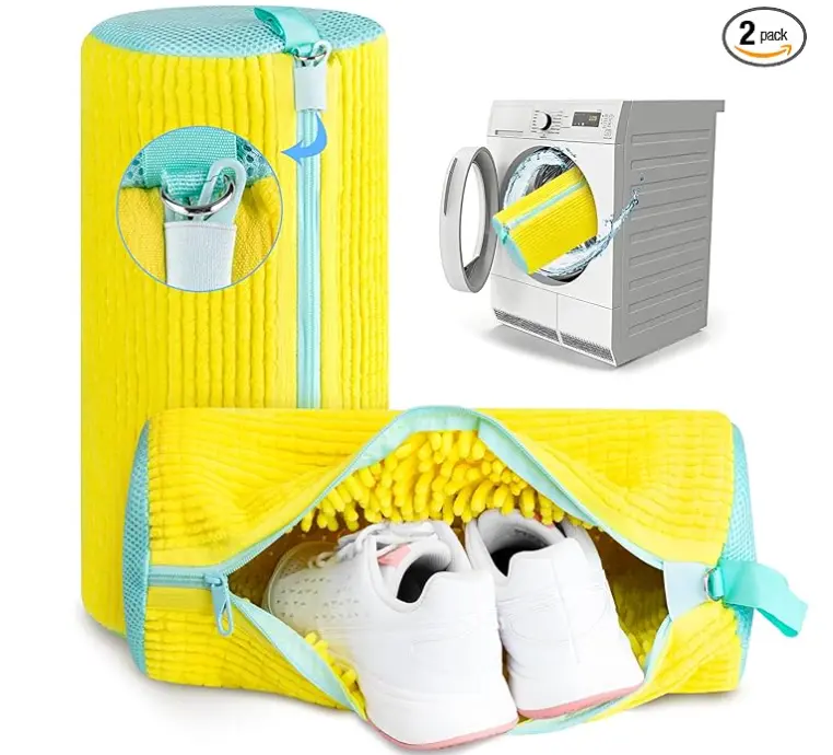 2-Pack XXL Shoe Washing Machine Bags – Reusable Sneaker Laundry Bags for Washer & Dryer, Sturdy Zipper with Hook, 360° Clean for Tennis Shoes, Slippers – Includes 2 Yellow Shoe Dust Bags