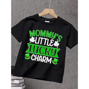 1pc St. Patrick' S Day Kids' Mommy' S Little Lucky Charm Print Black TShirt, Crew Neck, Casual Cotton Tee, Medium Stretch Knit Fabric, Regular Fit for Boys& Girls Children, Alphabet Pattern, for Spring/ Summer/ Fall St. Patrick' S Day, St. Patrick' S