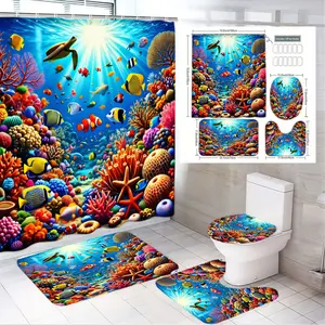 4pcs Underwater Coral Reef Bathroom Set with Tropical Fish Shower Curtain, Sea Turtle, Vibrant Ocean Scene Bath Mat and Toilet Seat Cover – Tropical Holiday Bathroom Decor for Summer Beach Vibes