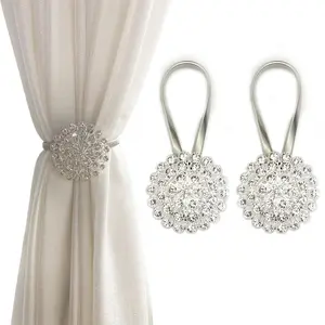 2 Pack Magnetic Curtain Tiebacks – Sparkling Crystal Flower Curtain Holdbacks, Strong Magnet Snap Closure with High-Elastic Spring Wire, Decorative Buckle Clips for Home Office Drapes