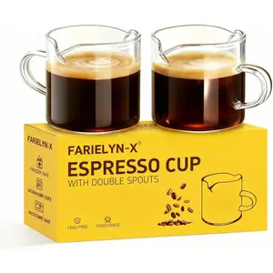 5 OZ Espresso Cups Set of 2, Double Spouts Clear Glass Milk Cup with Handle, Shot Glasses Espresso Accessories for Coffee Desserts Salad Dressing
