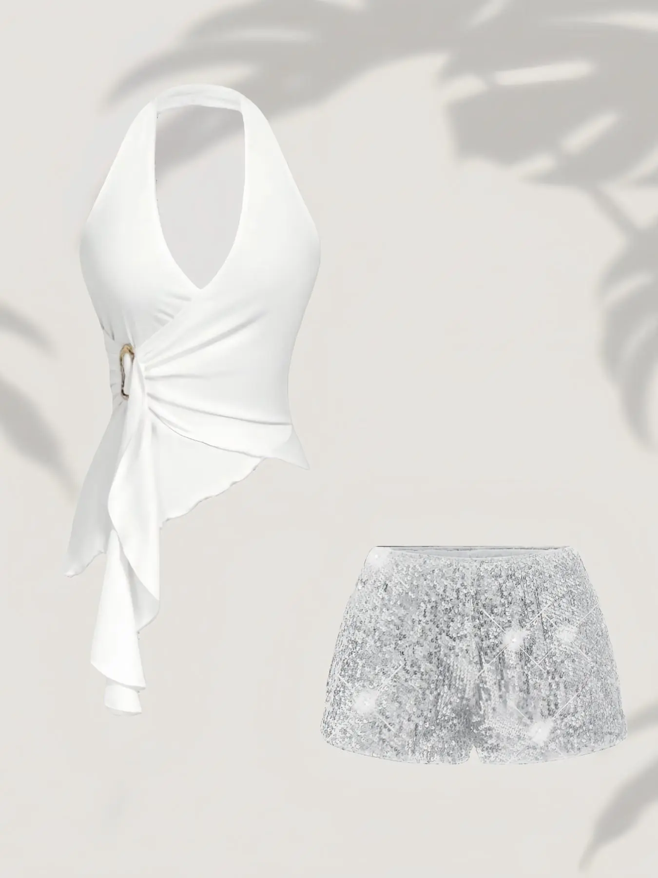 Spring Autumn Pure Desire Halter Top, Irregular Hem Design, Sparkling Sequins, Sexy Short Pants Two-Piece Set, Slimming Fashion