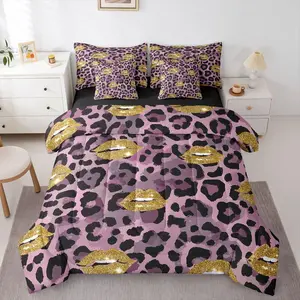 Sexy Golden Lips 7 Piece Comforter Set,Purple Black Cheetah Leopard Print Bedding Set for Teens Adult Glitter 3D Mouth Print Bed in A Bag Grunge Tie Dyed Sheet Set with Comforter
